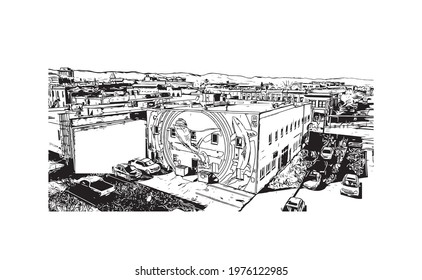 Building view with landmark of Fort Collins is a city in northern Colorado. Hand drawn sketch illustration in vector.