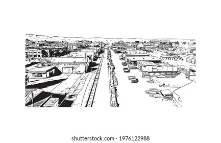 Building view with landmark of Fort Collins is a city in northern Colorado. Hand drawn sketch illustration in vector.