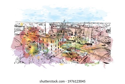 Vista del edificio con el Lugar famoso de Fort Collins es una ciudad en el norte de Colorado. Salpicadura de acuarela con ilustración de boceto dibujado a mano en Vector.
