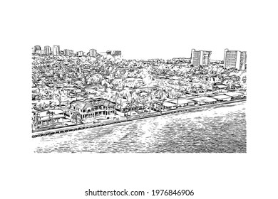 Building view with landmark of Fort Lauderdale is a city on Florida. Hand drawn sketch illustration in vector.