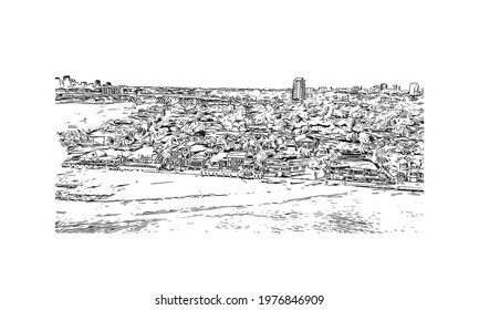 Building view with landmark of Fort Lauderdale is a city on Florida. Hand drawn sketch illustration in vector.