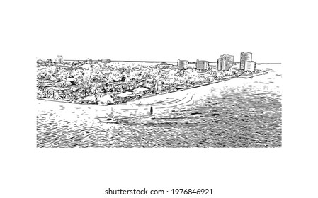 Building view with landmark of Fort Lauderdale is a city on Florida. Hand drawn sketch illustration in vector.