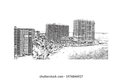 Building view with landmark of Fort Lauderdale is a city on Florida. Hand drawn sketch illustration in vector.