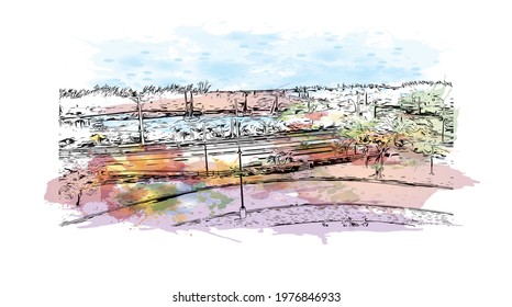 Building view with landmark of Fort Lauderdale is a city on Florida. Watercolor splash with hand drawn sketch illustration in vector.