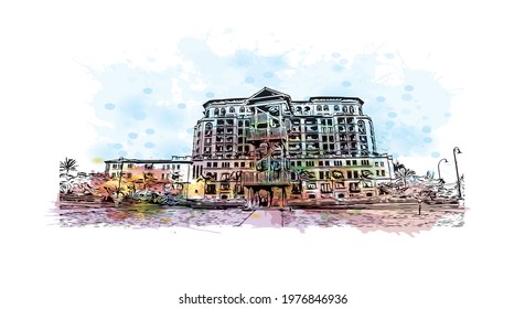 Building view with landmark of Fort Lauderdale is a city on Florida. Watercolor splash with hand drawn sketch illustration in vector.