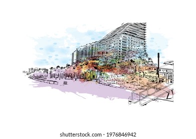 Building view with landmark of Fort Lauderdale is a city on Florida. Watercolor splash with hand drawn sketch illustration in vector.