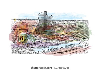 Building view with landmark of Fort Lauderdale is a city on Florida. Watercolor splash with hand drawn sketch illustration in vector.