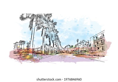 Building view with landmark of Fort Lauderdale is a city on Florida. Watercolor splash with hand drawn sketch illustration in vector.