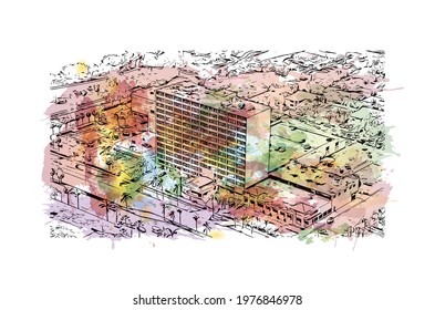 Building view with landmark of Fort Lauderdale is a city on Florida. Watercolor splash with hand drawn sketch illustration in vector.