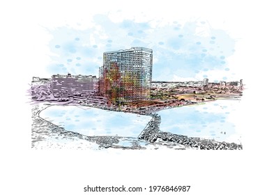 Building view with landmark of Fort Lauderdale is a city on Florida. Watercolor splash with hand drawn sketch illustration in vector.