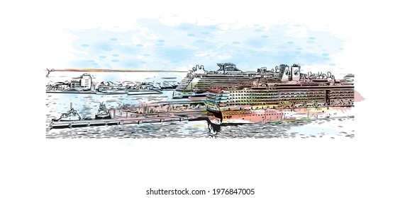 Building view with landmark of Fort Lauderdale is a city on Florida. Watercolor splash with hand drawn sketch illustration in vector.