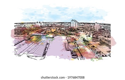 Building view with landmark of Fort Lauderdale is a city on Florida. Watercolor splash with hand drawn sketch illustration in vector.