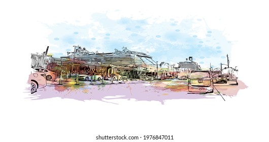 Building view with landmark of Fort Lauderdale is a city on Florida. Watercolor splash with hand drawn sketch illustration in vector.