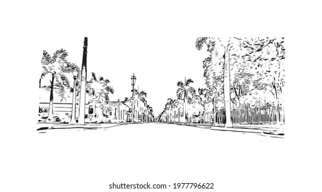Building view with landmark of Fort Myers is the 
city in Florida. Hand drawn sketch illustration in vector.