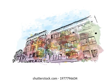 Building view with landmark of Fort Myers is the 
city in Florida. Watercolor splash with hand drawn sketch illustration in vector.