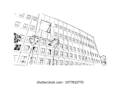 Building view with landmark of Fort Myers is the 
city in Florida. Hand drawn sketch illustration in vector.