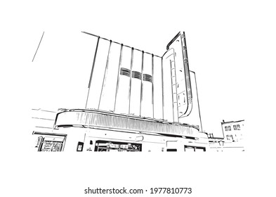 Building view with landmark of Fort Myers is the 
city in Florida. Hand drawn sketch illustration in vector.