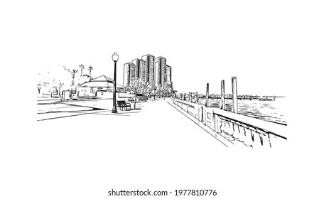 Building view with landmark of Fort Myers is the 
city in Florida. Hand drawn sketch illustration in vector.