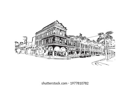 Building view with landmark of Fort Myers is the 
city in Florida. Hand drawn sketch illustration in vector.