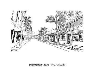 Building view with landmark of Fort Myers is the 
city in Florida. Hand drawn sketch illustration in vector.