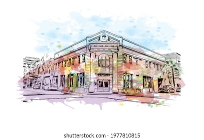 Building view with landmark of Fort Myers is the 
city in Florida. Watercolor splash with hand drawn sketch illustration in vector.