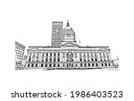 Building view with landmark of Fort Wayne is a city in northeastern Indiana. Hand drawn sketch illustration in vector.