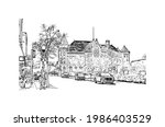 Building view with landmark of Fort Wayne is a city in northeastern Indiana. Hand drawn sketch illustration in vector.