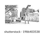 Building view with landmark of Fort Wayne is a city in northeastern Indiana. Hand drawn sketch illustration in vector.