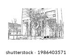 Building view with landmark of Fort Wayne is a city in northeastern Indiana. Hand drawn sketch illustration in vector.