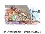Building view with landmark of Fort Wayne is a city in northeastern Indiana. Watercolor splash with hand drawn sketch illustration in vector.