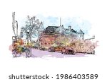 Building view with landmark of Fort Wayne is a city in northeastern Indiana. Watercolor splash with hand drawn sketch illustration in vector.