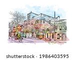 Building view with landmark of Fort Wayne is a city in northeastern Indiana. Watercolor splash with hand drawn sketch illustration in vector.