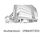 Building view with landmark of Fort Wayne is a city in northeastern Indiana. Hand drawn sketch illustration in vector.