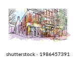 Building view with landmark of Fort Wayne is a city in northeastern Indiana. Watercolor splash with hand drawn sketch illustration in vector.