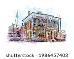 Building view with landmark of Fort Wayne is a city in northeastern Indiana. Watercolor splash with hand drawn sketch illustration in vector.