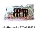 Building view with landmark of Fort Wayne is a city in northeastern Indiana. Watercolor splash with hand drawn sketch illustration in vector.