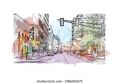 Building view with landmark of Fort Wayne is a city in northeastern Indiana. Watercolor splash with hand drawn sketch illustration in vector.