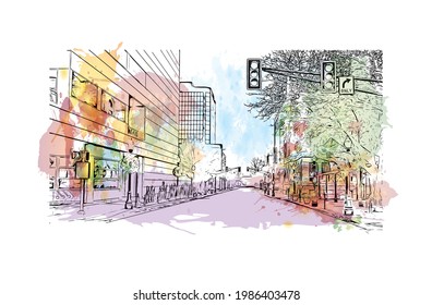 Building view with landmark of Fort Wayne is a city in northeastern Indiana. Watercolor splash with hand drawn sketch illustration in vector.