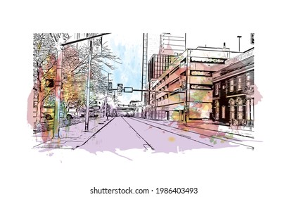 Building view with landmark of Fort Wayne is a city in northeastern Indiana. Watercolor splash with hand drawn sketch illustration in vector.