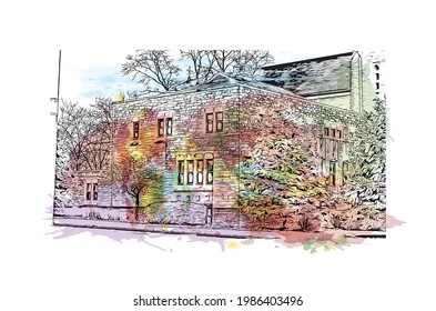 Building view with landmark of Fort Wayne is a city in northeastern Indiana. Watercolor splash with hand drawn sketch illustration in vector.