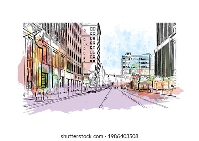 Building view with landmark of Fort Wayne is a city in northeastern Indiana. Watercolor splash with hand drawn sketch illustration in vector.