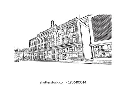 Building view with landmark of Fort Wayne is a city in northeastern Indiana. Hand drawn sketch illustration in vector.