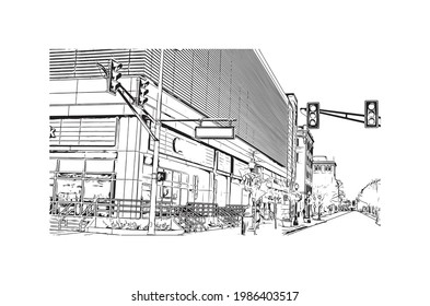 Building view with landmark of Fort Wayne is a city in northeastern Indiana. Hand drawn sketch illustration in vector.