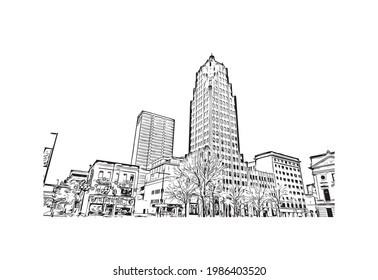 Construir vistas con monumentos de Fort Wayne es una ciudad en el noreste de Indiana. Dibujo a mano de ilustración de esbozo en vector.