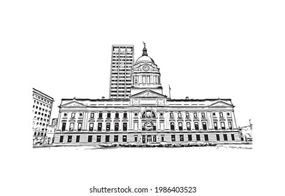 Building view with landmark of Fort Wayne is a city in northeastern Indiana. Hand drawn sketch illustration in vector.