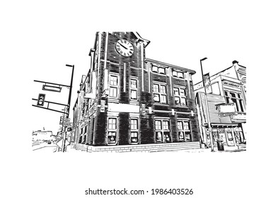 Building view with landmark of Fort Wayne is a city in northeastern Indiana. Hand drawn sketch illustration in vector.