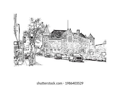 Building view with landmark of Fort Wayne is a city in northeastern Indiana. Hand drawn sketch illustration in vector.