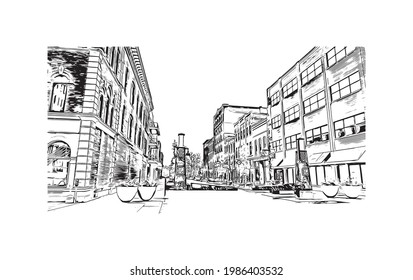 Building view with landmark of Fort Wayne is a city in northeastern Indiana. Hand drawn sketch illustration in vector.