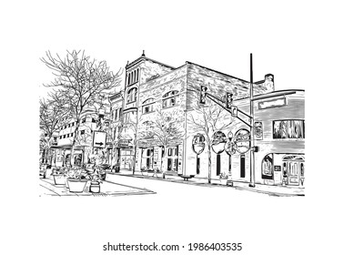 Building view with landmark of Fort Wayne is a city in northeastern Indiana. Hand drawn sketch illustration in vector.