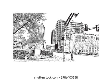 Building view with landmark of Fort Wayne is a city in northeastern Indiana. Hand drawn sketch illustration in vector.